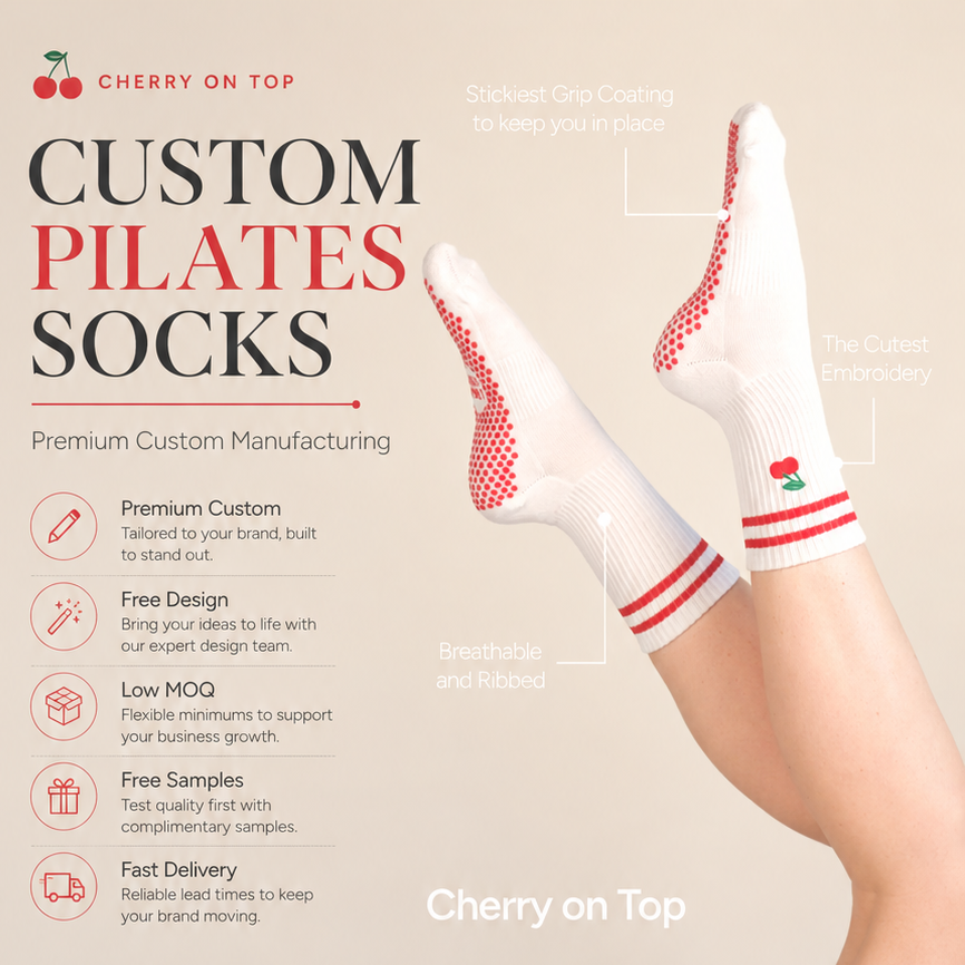 Cute cherry pattern pilates grip socks with double stripe cuffs.